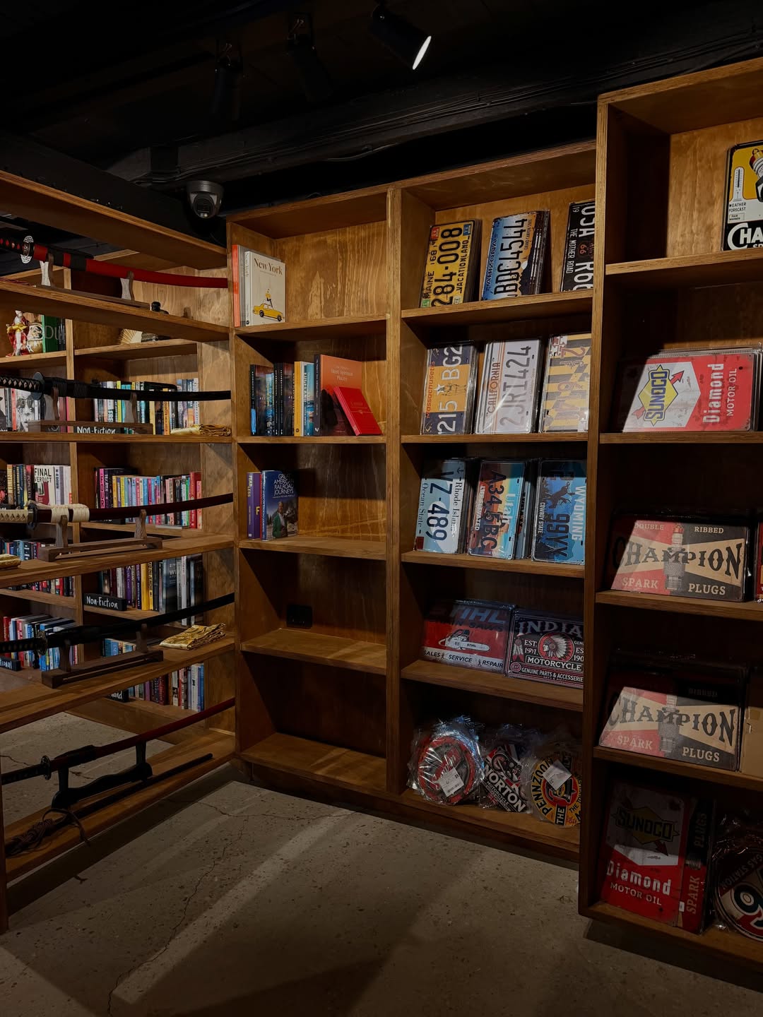 Bookshelves and warm timber interiors at Red Horse Coffee Co.