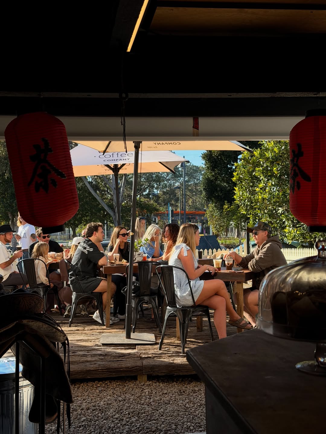 Friends dining together on the Red Horse patio