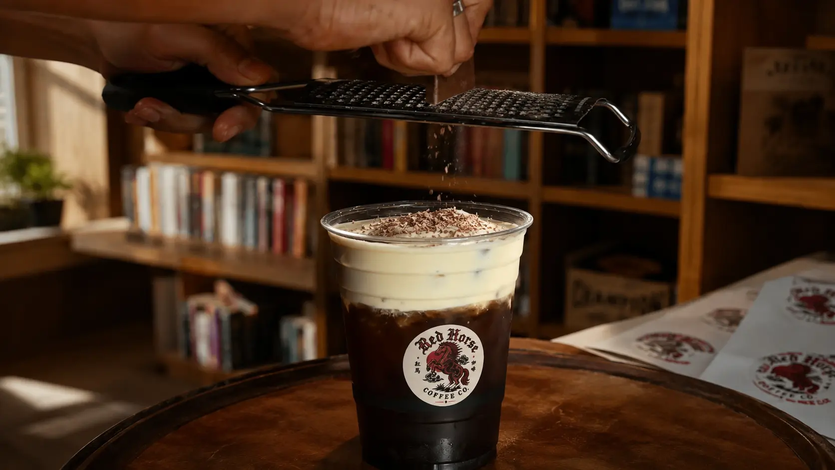 Red Horse branded cold coffee in a warm timber café setting