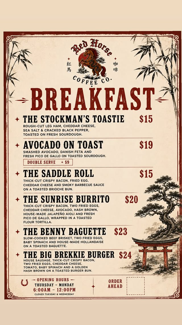 Original Red Horse Coffee Co. breakfast menu artwork